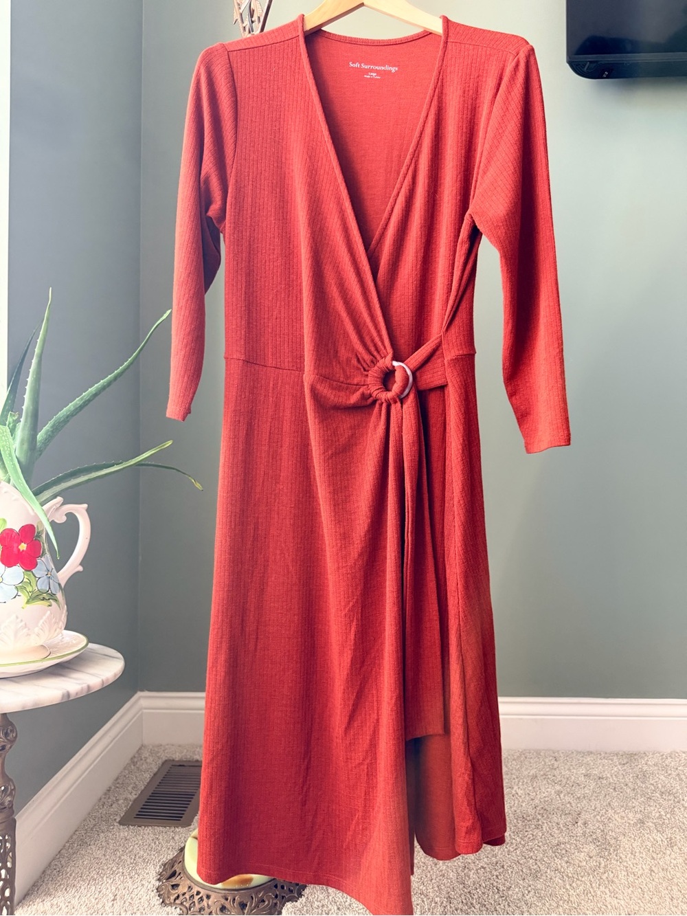Soft Surroundings Large Rust Ribbed Ring Detail Wrap Maxi Dress Long Sleeve